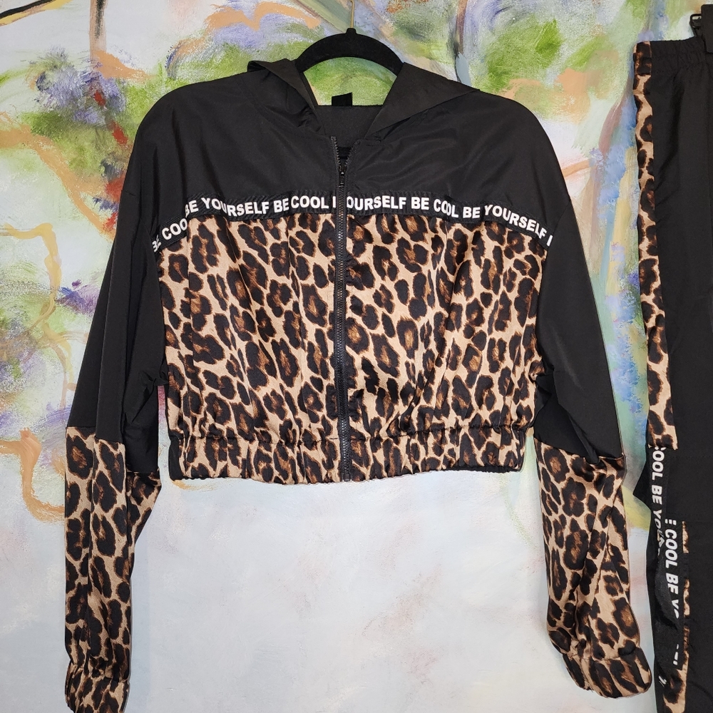Leopard Print Crop Jacket Jogger Pants Set BE COOL BE YOURSELF Athleisure - Picture 3 of 12